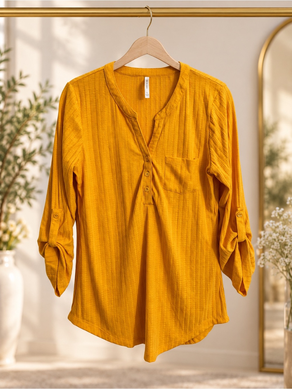 DNA Couture Mustard Yellow Henley Roll Tab Blouse Large Textured Boho